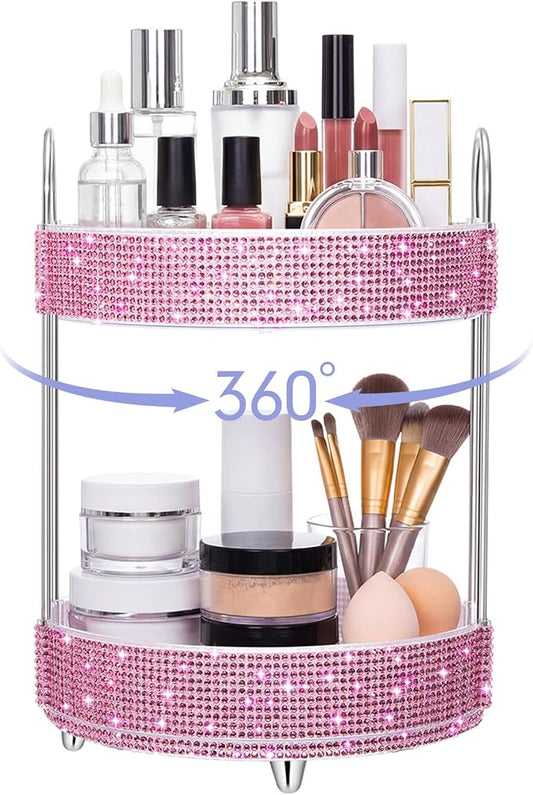 Honeydak 360 Rotating Perfume Organizer Gift for Women, Rhinestone Preppy Skincare Organizer Bathroom Counter Makeup Holder Skincare and Perfume Storage for Cosmetic(2 Tiers,Resin Diamond,Pink)