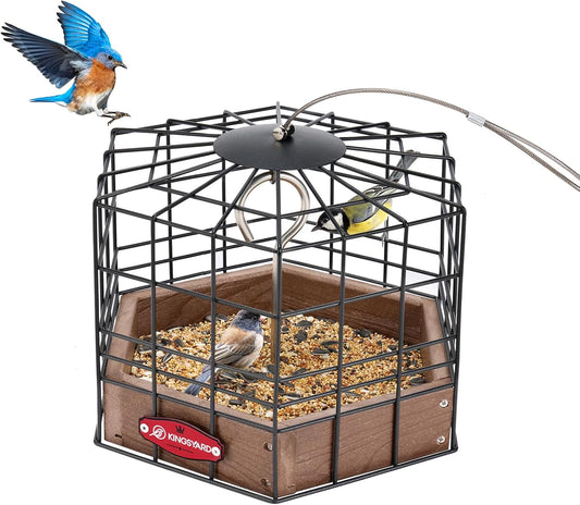 Kingsyard Squirrel Proof Platform Bird Feeders for Outdoor Hanging, Caged Bird Feeder for Small Wildbirds Finches, Recycled Plastic Feeding Platform with Metal Seed Tray, Brown
