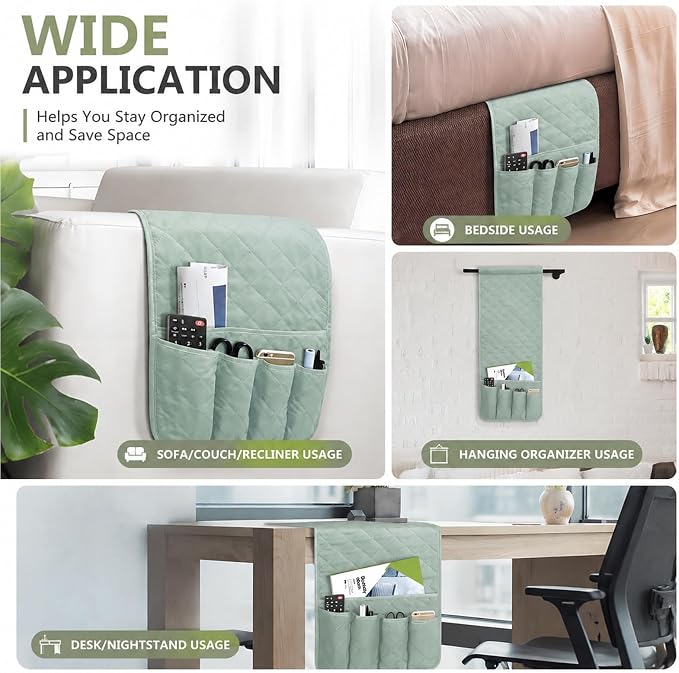 Armchair Caddy for Recliner, Couch Caddy Storage Organizer with 5 Pockets, Non Slip Sofa Arm Organizer for Remote Controls, Phone, Magazines, Tablet (Sage Green)