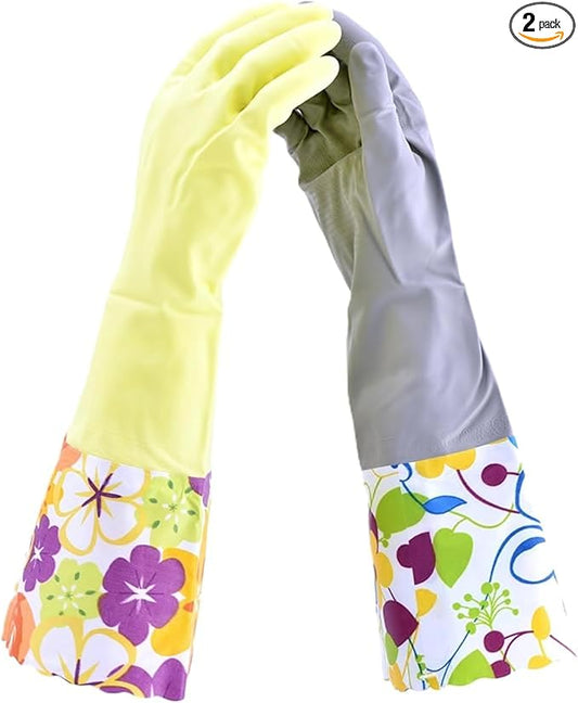 Household Gloves Latex Free Cleaning Grey and Yellow Gloves with Soft Lining Long Cuff 15" & Grip (2 Pair), Medium