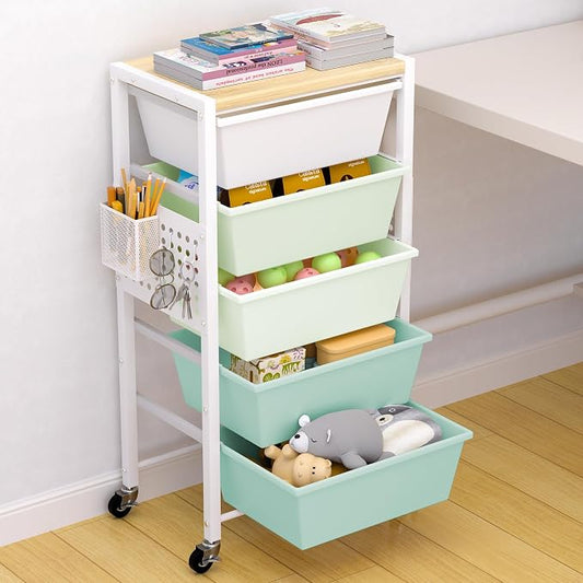 Rolling Cart with Drawers, Rolling Storage Cart with Large Plastic Drawers & Wooden Tabletop, Utility Cart with Pegboards & Basket, Storage Drawers Cart for Living Room, Classroom, Bedroom, Office