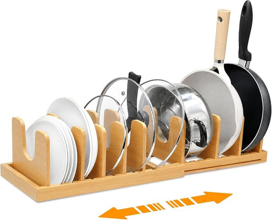 MinBoo Bamboo Expandable Pot Lid Organizer, Pot and Pan Organizer Drawer Organizer for Pot Lids, Adjustable 10 U-Shaped Dividers for Kitchen Cabinet Organizers and Storage (Bamboo-1)