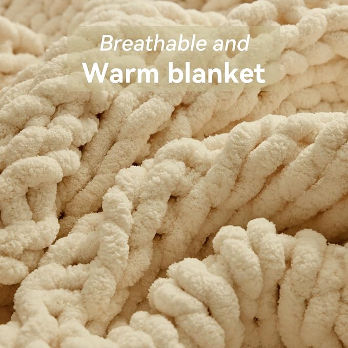 Negwoo Chunky Knit Throw Blanket, 80''*90'' Knitted Throw Chenille Yarn for Bed Couch, Handmade Oatmeal Crochet Big Thick Blanket, Machine Washable Cute Comfy Blanket for Home Decor