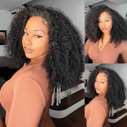 bituylnd Kinky Curly Half Wig Human Hair Glueless Human Hair Wig 200 Density 3 In 1 Seamless Flip Over Half Wigs Human Hair Drawstring Headband Wig for Women 18 Inch