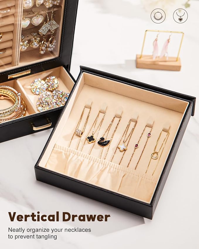 Homde Mothers Day Gifts Jewelry Organizer Box for Women Girls Necklaces Rings Earrings Bracelets Storage Case (Black + Gold)
