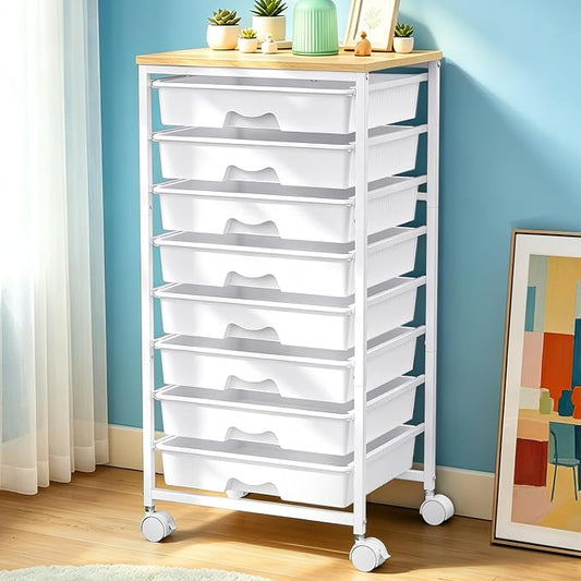 SUNALLY Rolling Cart With 8 Drawers, Storage Drawer Carts with Wooden Tabletop and 2 Lockable Wheels, 8 Tier Rolling Cart for Craft Art Supply Storage & Home Office Organization, White