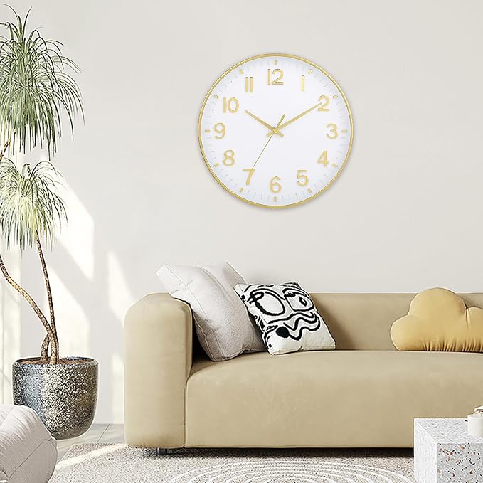 HZDHCLH Wall Clocks Battery Operated,Wall Clock White Gold,10 inch Wall Clock Silent Non Ticking Modern 3D Numbers for Office Kitchen Classroom Bedroom Living Room Decor