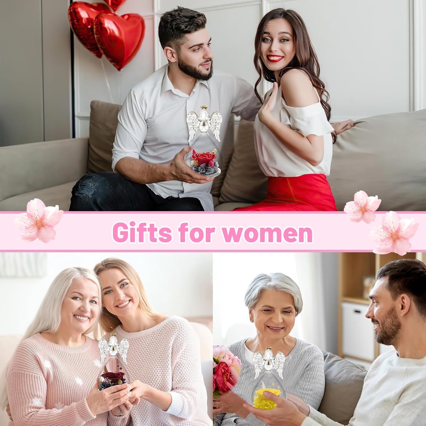 Yamonic Mom Birthday Gifts for Moms, Angel Figurines with Real Rose Gifts for Her Mother Grandma, Preserved Flowers Rose Angel Figurines for Mothers Day Christmas Birthday Gifts for Women(Redgold)
