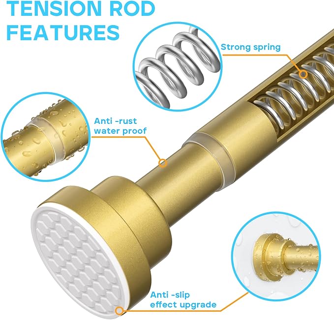 MEXAU 2 Pack Tension Curtain Rod For Window 28-48 Inches Adjustable Expandable Gold Spring Tension Rod Spring Curtain Rods No Drilling Extension Rods Tension Rod for Closet Doorway Kitchen