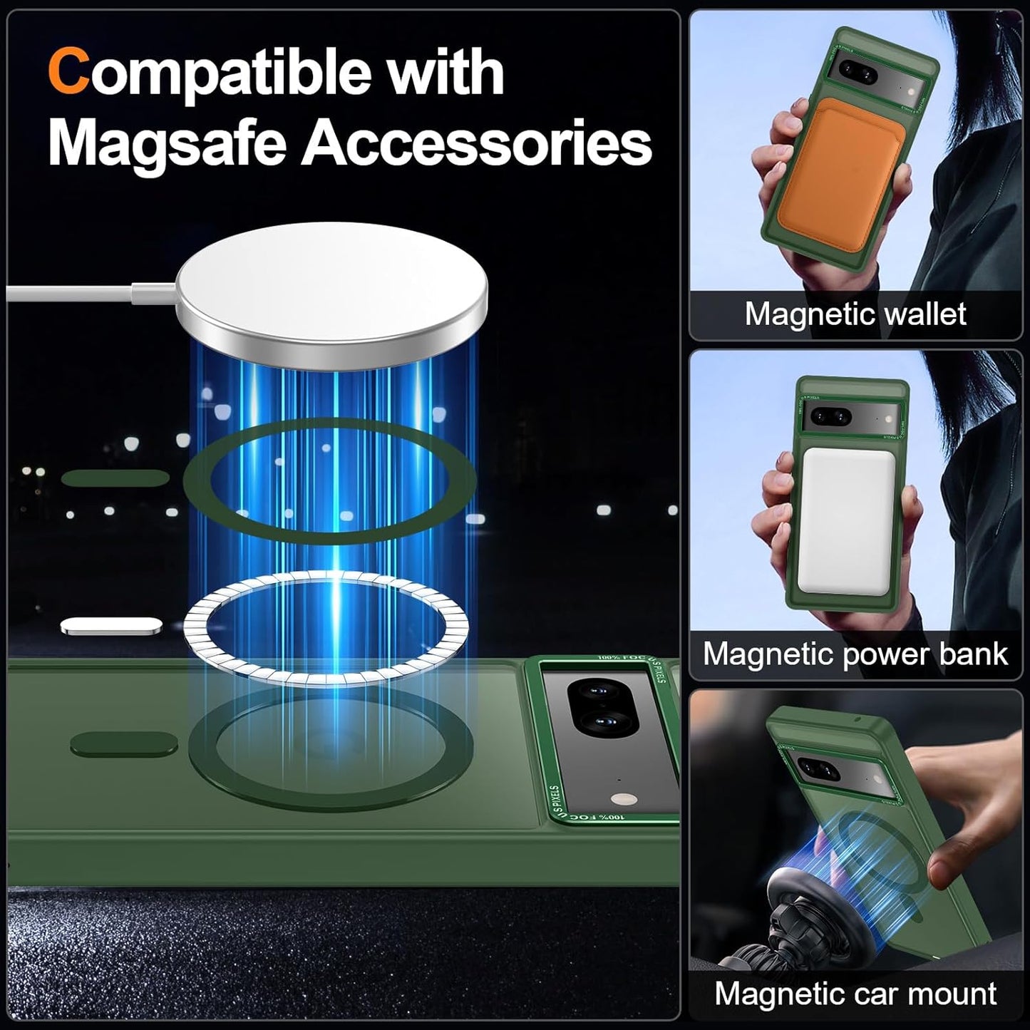 Magnetic for Google Pixel 7 Case, [Military Grade Drop Protection] [Compatible with MagSafe] Shockproof Slim Translucent Matte Anti-Slip for Women Girls Men Case, Forest Green