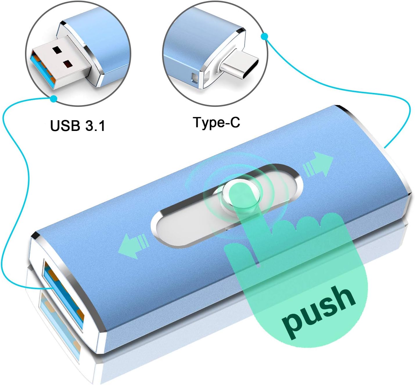 256GB Flash Drive, Aiibe USB C Flash Drive 256GB Dual USB 3.1 USB C Memory Stick OTG Type C Thumb Drive 256 GB USB C Drive for PC Tablet TV Car Type C Smart Phone (256G, Blue)