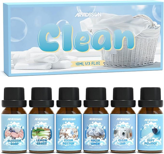 ARVIDSSON Clean Essential Oils Set, Natural Fragrance Oil for Diffuser, Soap Making - Fresh Linen, Clean Home, Fresh Cotton, Soft Powder, Blossom Soap, Lemongrass, Refreshing Scented Oils for Home
