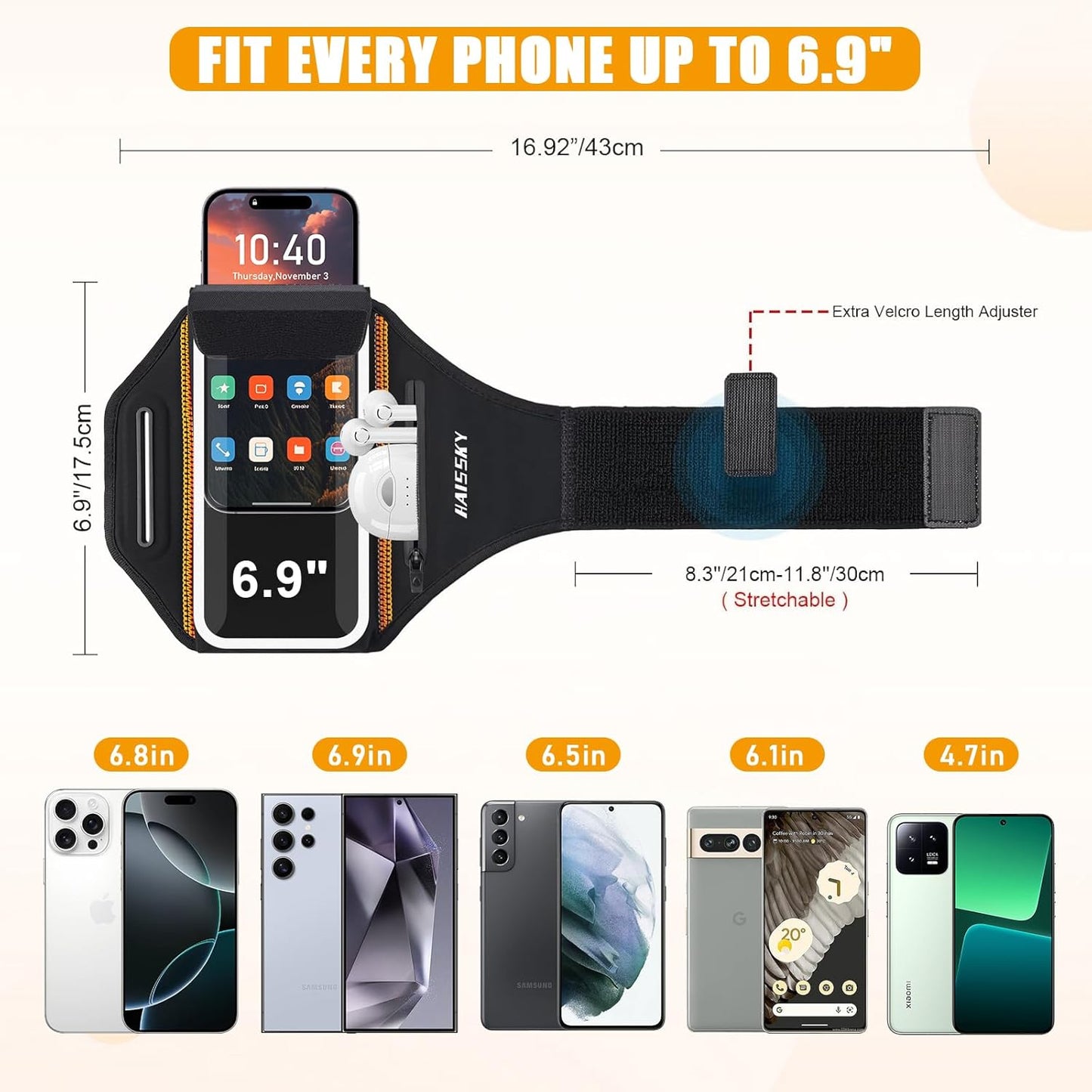 Running Armband for iPhone 15/14/13 Pro/Plus & Galaxy S20/S10, 3D Design Cell Phone Armband with Earphone Pouch Card Slot & Key Pockets, Water Resistant Sports Phone Holder Up to 6.9" Devices"