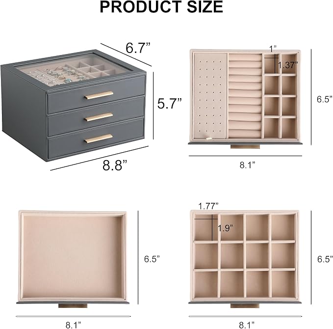 Frebeauty Clear Lid Jewelry Box,3-Layer Jewelry Organizer with Drawer,PU Leather Jewelry Organizers and Storage,Jewelry Boxes for Women,Jewelry Storage for Rings Earring Stud,Gift for Women(Grey)
