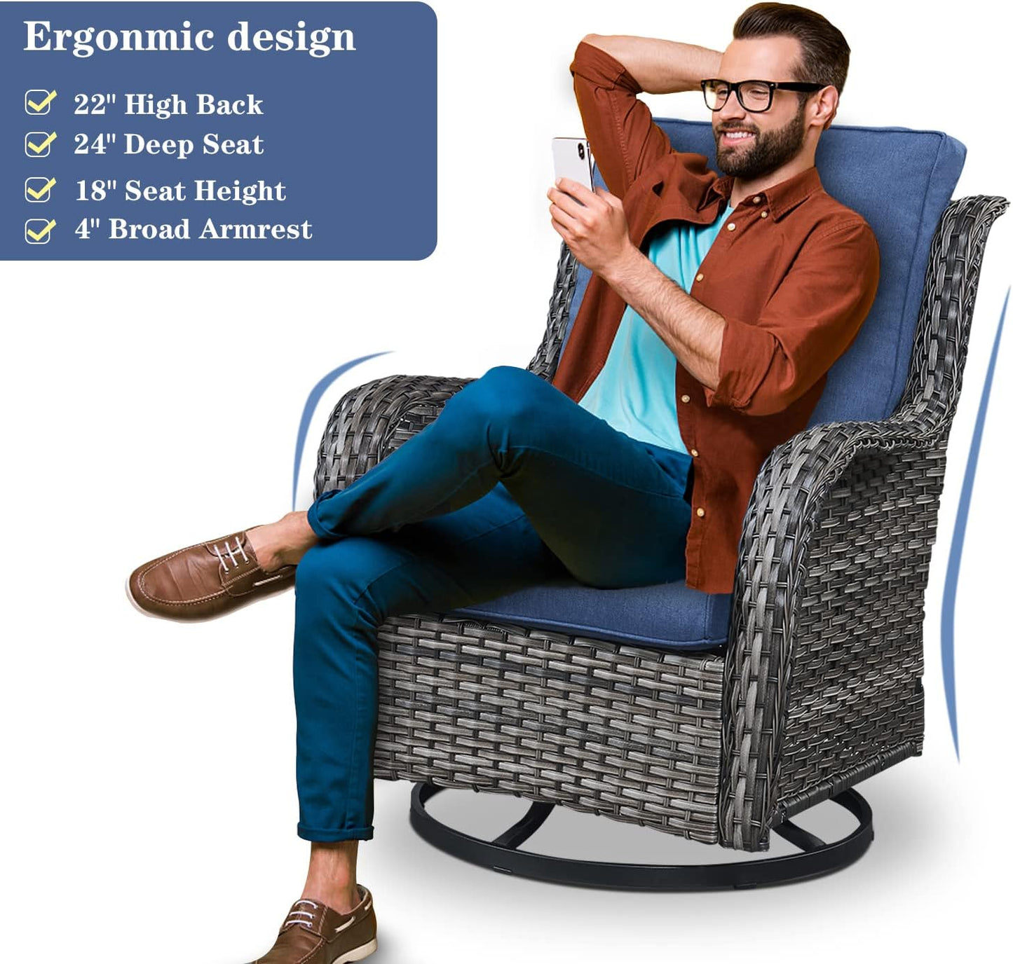 4 Pieces Patio Furniture Sets, Wicker Patio Swivel Glider Chair with Ottomans, Outdoor Furniture Set for Outside Porch, Deck, Balcony, Garden