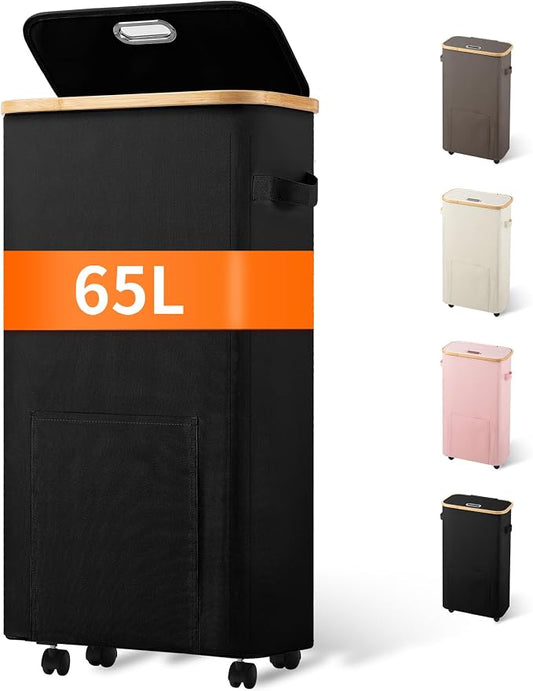 Vincona Laundry Basket with Wheels, Tall Dirty Clothes Hamper on Wheels, Rolling Laundry Hamper with lid for Dorm, Bedroom and Bathroom