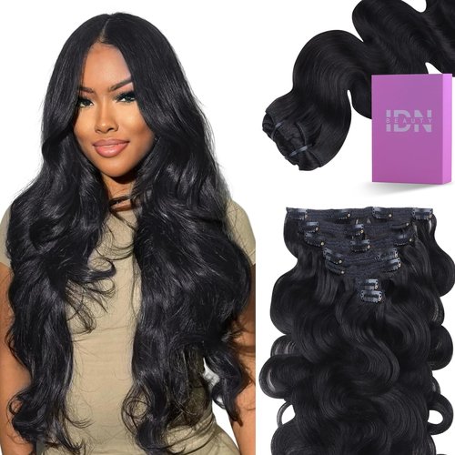 IDN BEAUTY Clip in Hair Extensions Real Human Hair Body Wave 120g Natural Black Double-layer Lace Clip In for Black Women Soft Breathable Lace Invisible Seamlessly Blending 7pcs 16 Inch
