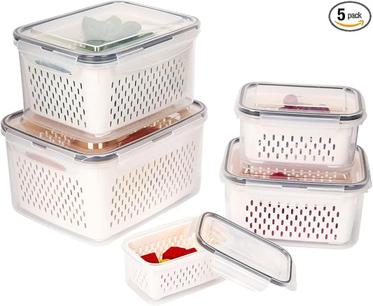 5 PCS Fruit Storage Containers for Fridge Produce Containers for Fridge with Removable Colander Berry Storage Containers Veggie BPA-Free Plastic Crisper for Long-Term Freshness