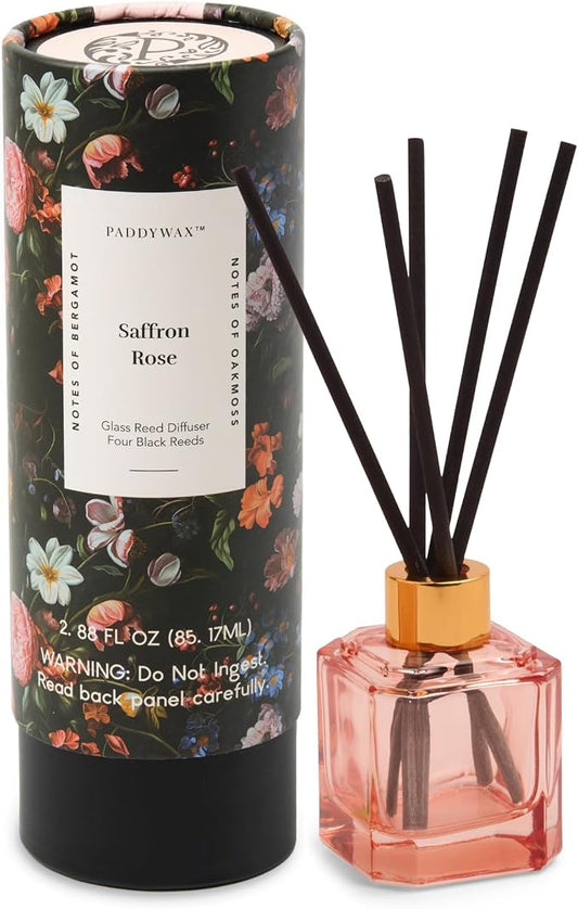 Paddywax Botanica Scented Oil Diffuser with Reeds in Reusable Pink Glass Bottle, Tubed Gift Box, Includes Diffuser Sticks, Long-Lasting Fragrance, Reusable & Upcyclable, Saffron Rose, 2.8 fl oz