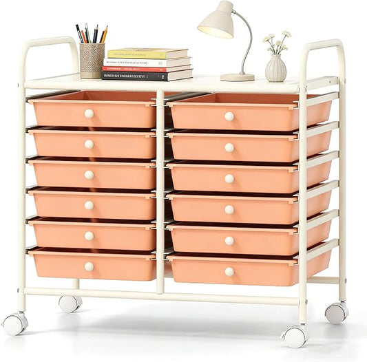 COSTWAY 12-Drawer Rolling Storage Cart, Utility Storage Organizer Cart for Tools, Scrapbook, Paper, Craft, Multipurpose Art Supply Organizer on Wheels for Home Office School, Teacher, Peach