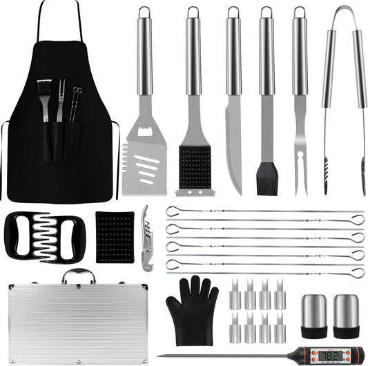 BBQ Accessories Grill Tools - Grilling Gifts for Men Dad, 32Pcs Heavy Duty Stainless Steel Barbecue Grill Accessories for Outdoor Grill with Aluminum Case and Apron, Dad Men Gifts for Christmas