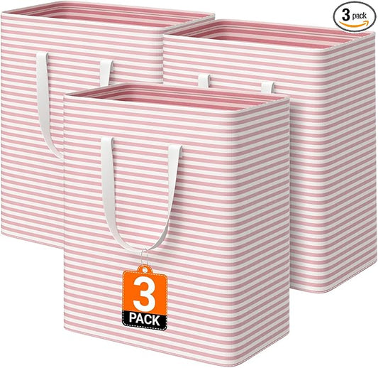 3 Pack Large Laundry Basket,Waterproof & Freestanding Laundry Hamper,Collapsible Clothes Hampers with Easy Carry Long & Reinforced Handles in Bathroom,College Dorm(100Lx3,Pink)