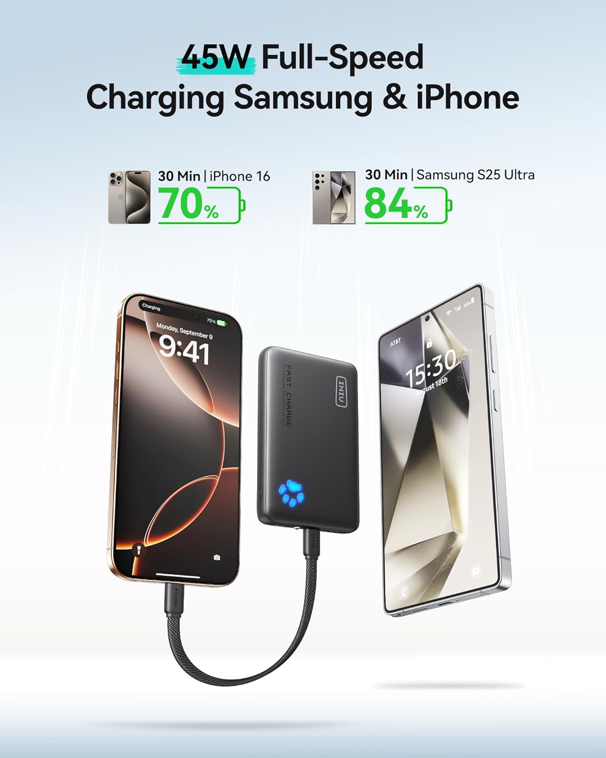 INIU Portable Charger, Ultra Slim 10000mAh 45W PD Power Bank, USB C in&Out Fast Charging Battery Pack, Travel Essential Phone Powerbank Compatible with iPhone 16 15 14 Samsung S22 S21 Google iPad etc