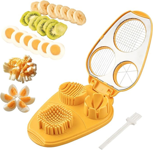 3 in 1 Boiled Egg Slicer, 3 Slice Modes Chopper Cutter with Brush, Manual Egg Slicer Steel Wire Dicer for Hard Boiled Eggs, Kitchen Gadget for Soft Fruit Butter, Labor Saving (Yellow)
