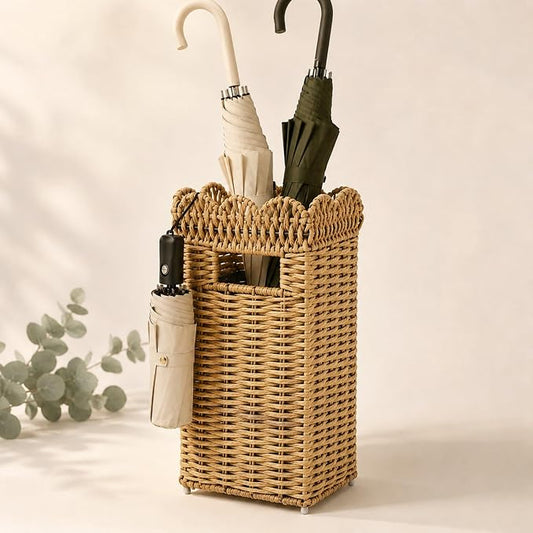 AceList Woven Umbrella Holder for Entryway, Rattan Umbrella Stand for Indoor Foyer with Removable Drip Tray, Scalloped Cane Holder Basket for Walking Sticks & Front Door, Farmhouse Decor, 16.5" Tall