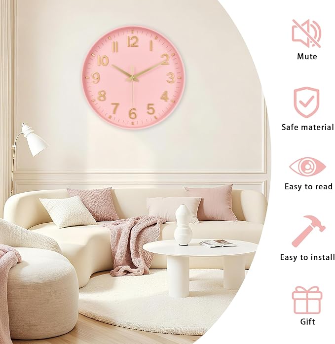HZDHCLH Wall Clocks Battery Operated,Wall Clock Pink Gold 10 inch Wall Clock Silent Non Ticking Modern 3D Numbers for Office Kitchen Classroom Bedroom Living Room Decor