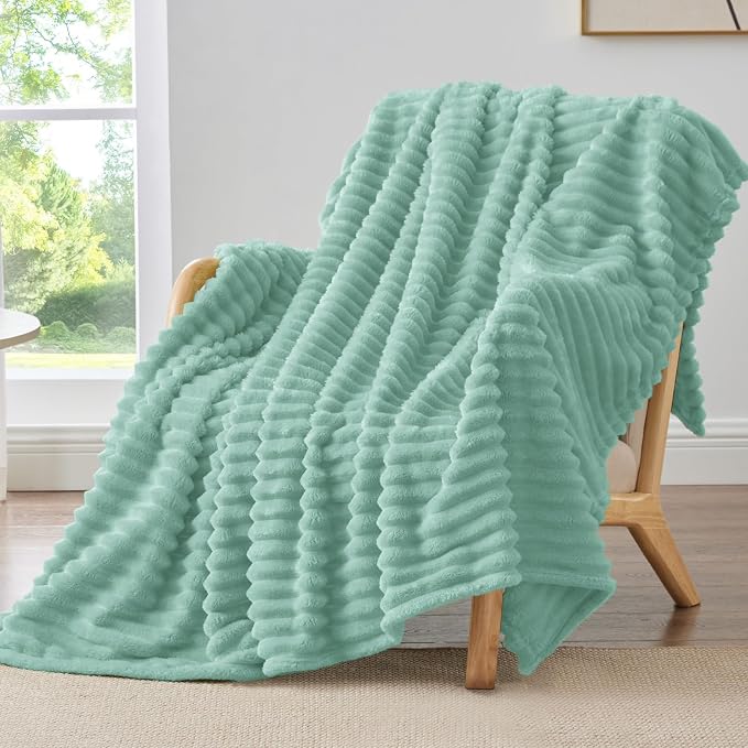 BEDELITE Fleece Throw Blanket for Couch - 300GSM Soft & Warm Fluffy Mint Blue Blanket, Decorative and Giftable Striped Blankets for Women, Men, 50"x60"