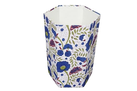 Generic 3.3 Gallon Cotton Hand Block Printed Paper Waste Basket |Small Decorative Trash Can for Housewarming Gifts in Living Room, Bedroom, Bathroom | Eco-Friendly, Plastic-Free (1, WHITE BLUE GREEN)