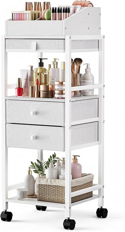 Luxspire Makeup Organizer Cart, Floor Skincare Organizers, Makeup Storage with Drawers, Vanity Organizer Cosmetics Display Cases Holder for Skin Care Perfume Nail Polish Makeup Brush Hair Tool, White