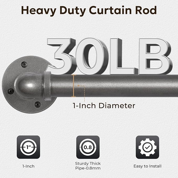 Zeerobee Curtain Rods for Windows 48 to 84, 1 Inch Industrial Wrap Around Grey Curtain Rod, Indoor/Outdoor Room Divider Adjustable Drapery Pole, 48"-86"