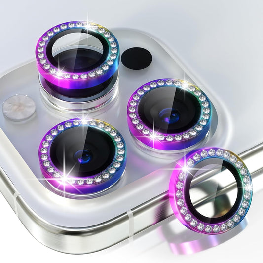Choiche Compatible for iPhone 15 Pro/iPhone 15 Pro Max Camera Lens Protector Bling, 9H Tempered Glass Camera Cover Screen Protector Metal Ring Decoration Accessories (Diamond-Colorful)