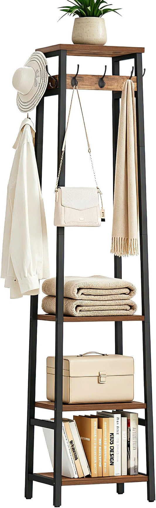 Coat Rack Freestanding, Coat Stand with 3 Shelves and 7 Hooks, Hall Tree Free Standing, Clothes Rack Stand Organizer, Industrial Style, Rustic Brown and Black