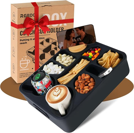 Couch Cup Holder Tray Dual Cup Silicone Organizer – Waterproof Anti-Slip Snack & Drink Tray for Sofa, Bed, Car & Camping, Dishwasher Safe Funny Gift