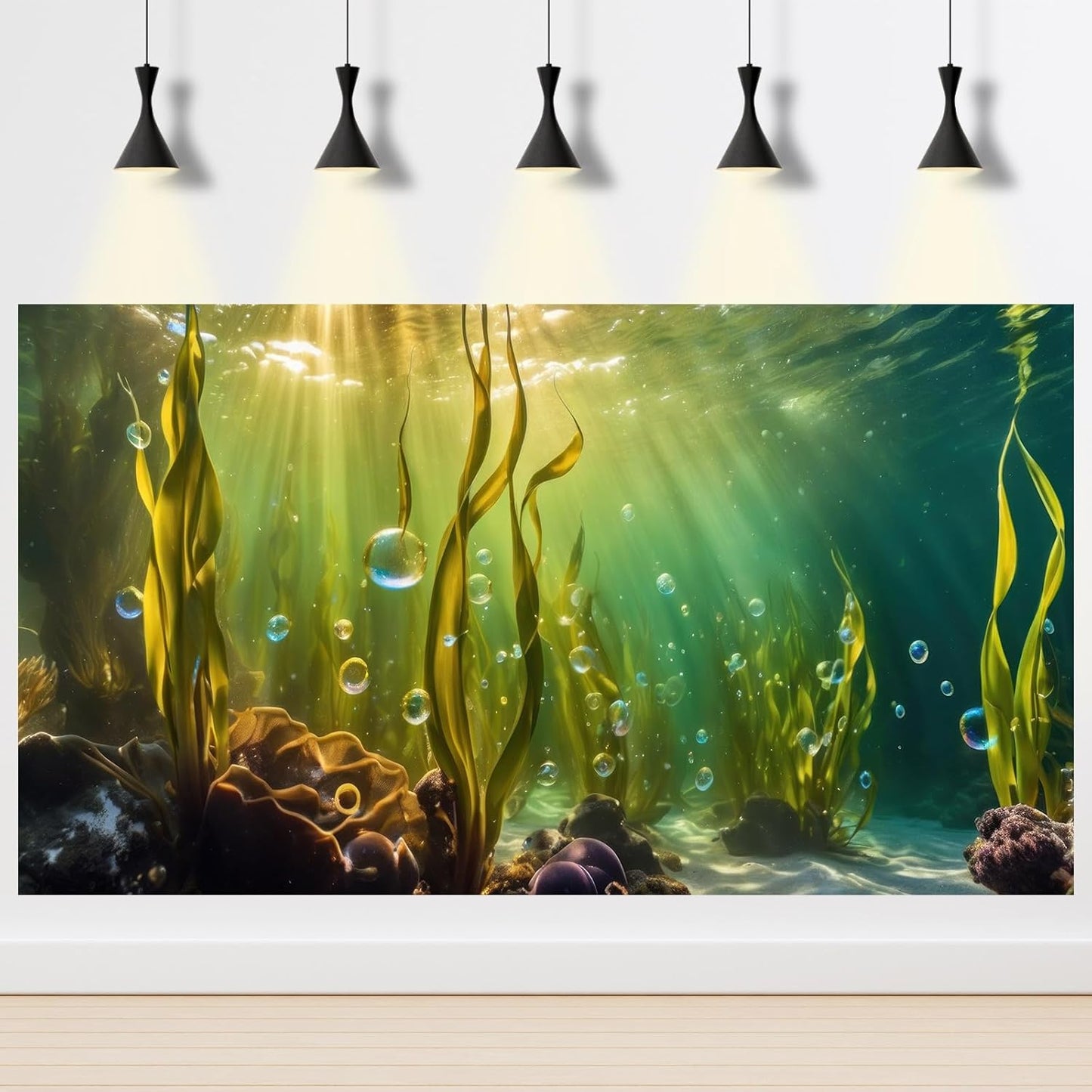 Aquarium Background Underwater Beautiful Coral Reef with Seaweed Bubbles Terrarium Backdrop Aquatic Plants Sunlight Rays Fish Tank Background Tank Aquarium Wallpaper Poster Decor Vinyl 36x20in