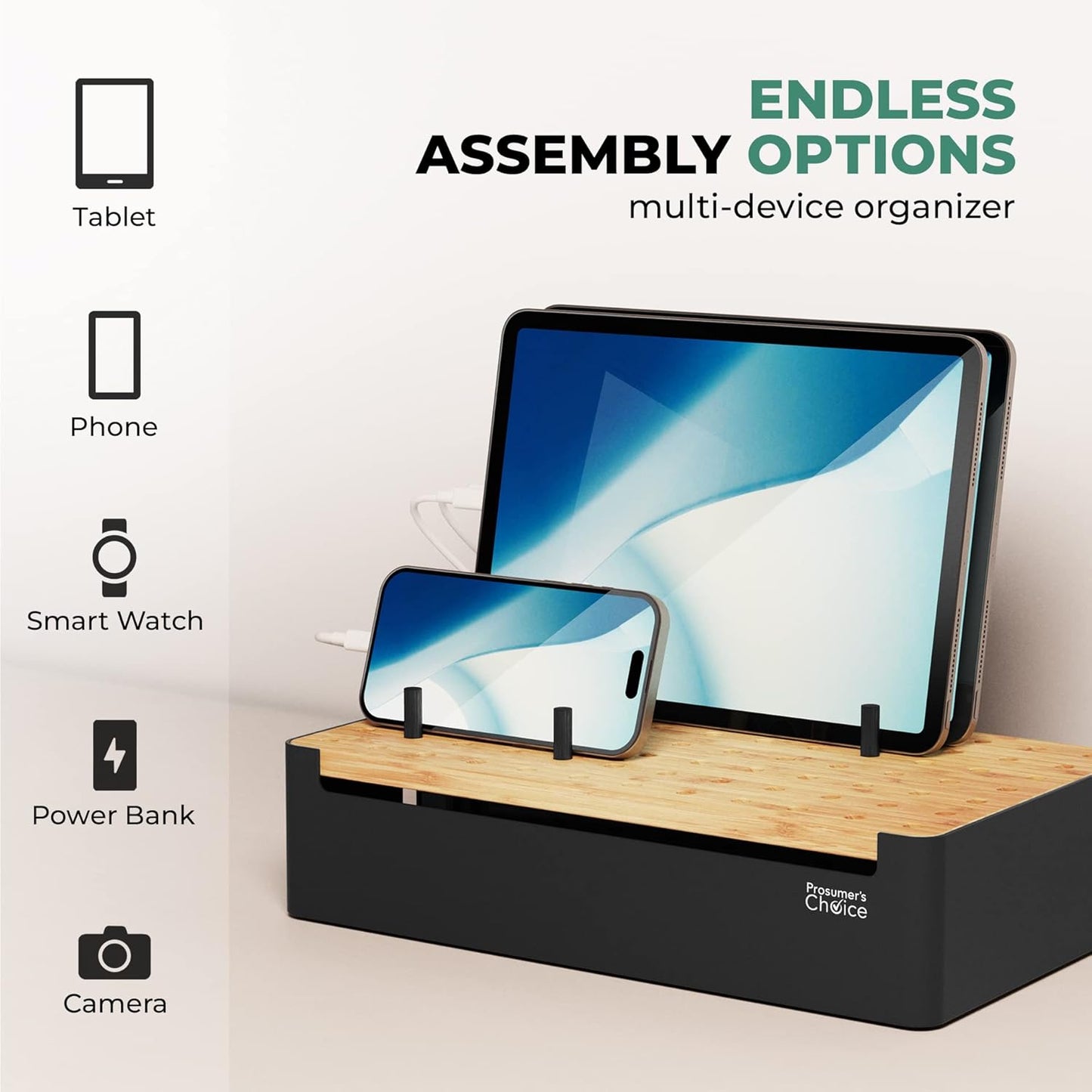 Prosumer's Choice Black Wooden Charging Station Organizer for Multiple Devices - Cable Management Box with 5 Slots and Removable Dividers - Charger Organizer for Phone, Tablet, Home, Office, 12"x6""x7"""