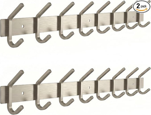 Coat Rack Wall Mount – Brushed Nickel 24 Inch Stainless Steel Hook Rail with 8 Heavy Duty Double Coat Hooks – Wall Mounted Coat Hanger for Entryway, Bathroom, Bedroom, Towel, Hat Organizer - 2 Pack