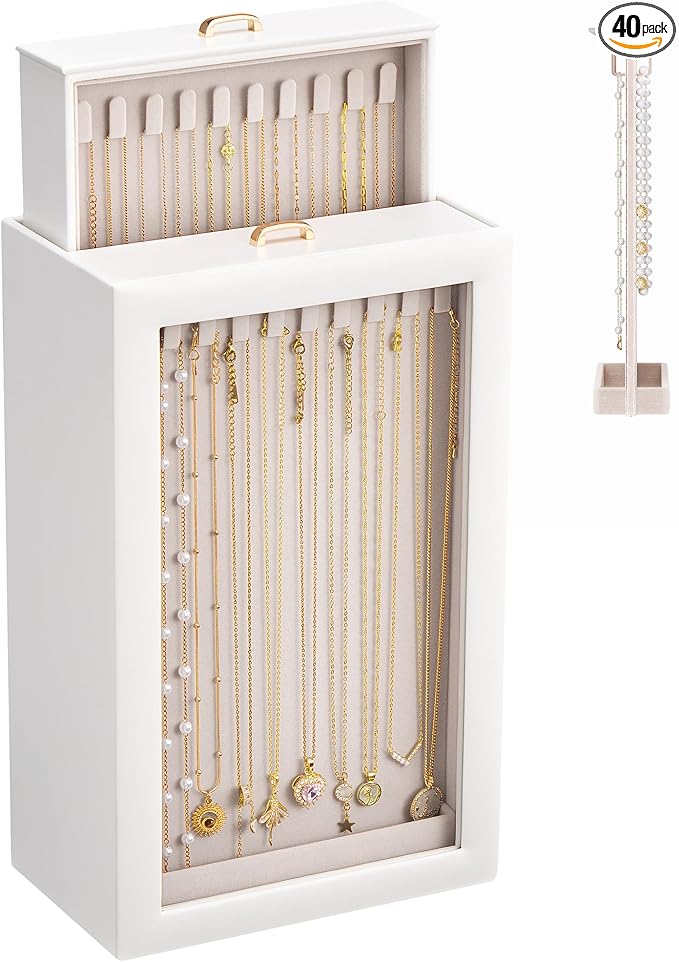 Lolalet Upgraded Double-Sided Hanging Necklace Organizer Box, Jewelry Display Case with Double-Sided Clear Window for Necklaces Bracelets, Tangle-Free Necklace Storage Box, White, 2-Layer 40 Hooks
