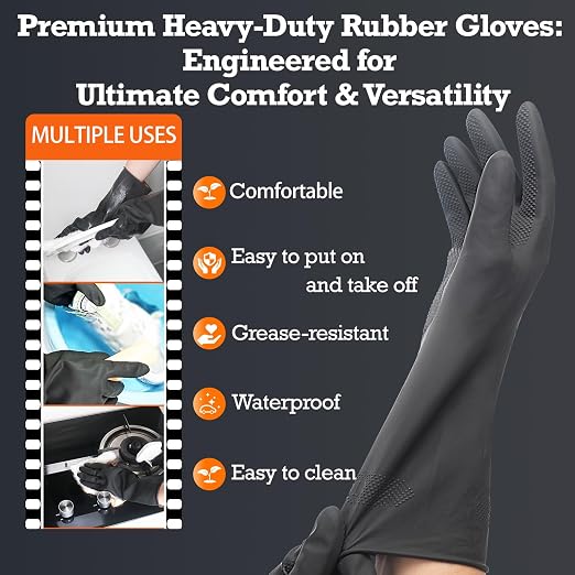 Heavy-Duty Thick Black Rubber Cleaning Gloves, 3 Pairs, XL | Reusable & waterproof black/orange dual layers. Non-slip design for dishwashing, kitchen cleaning, and auto care.