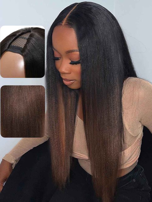 UNICE V Part Wigs Human Hair Yaki Straight Clip in Vpart Glueless Human Hair Wig No Sew in No Glue Ombre Chestnut Brown Beginner Friendly 150% Density 18 inch