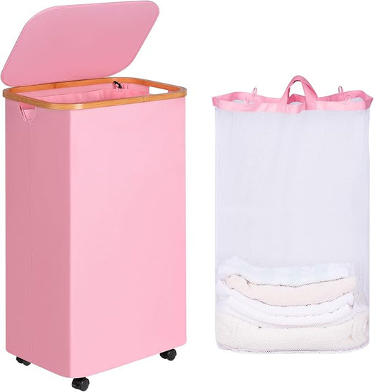 iEGrow Laundry Hamper with Wheels,110L Laundry Basket with lid Rolling Clothes Hamper Dirty Clothes Basket on wheels with Bamboo Frame and Bag for Bedroom, Dorm, Laundry Room,Pink