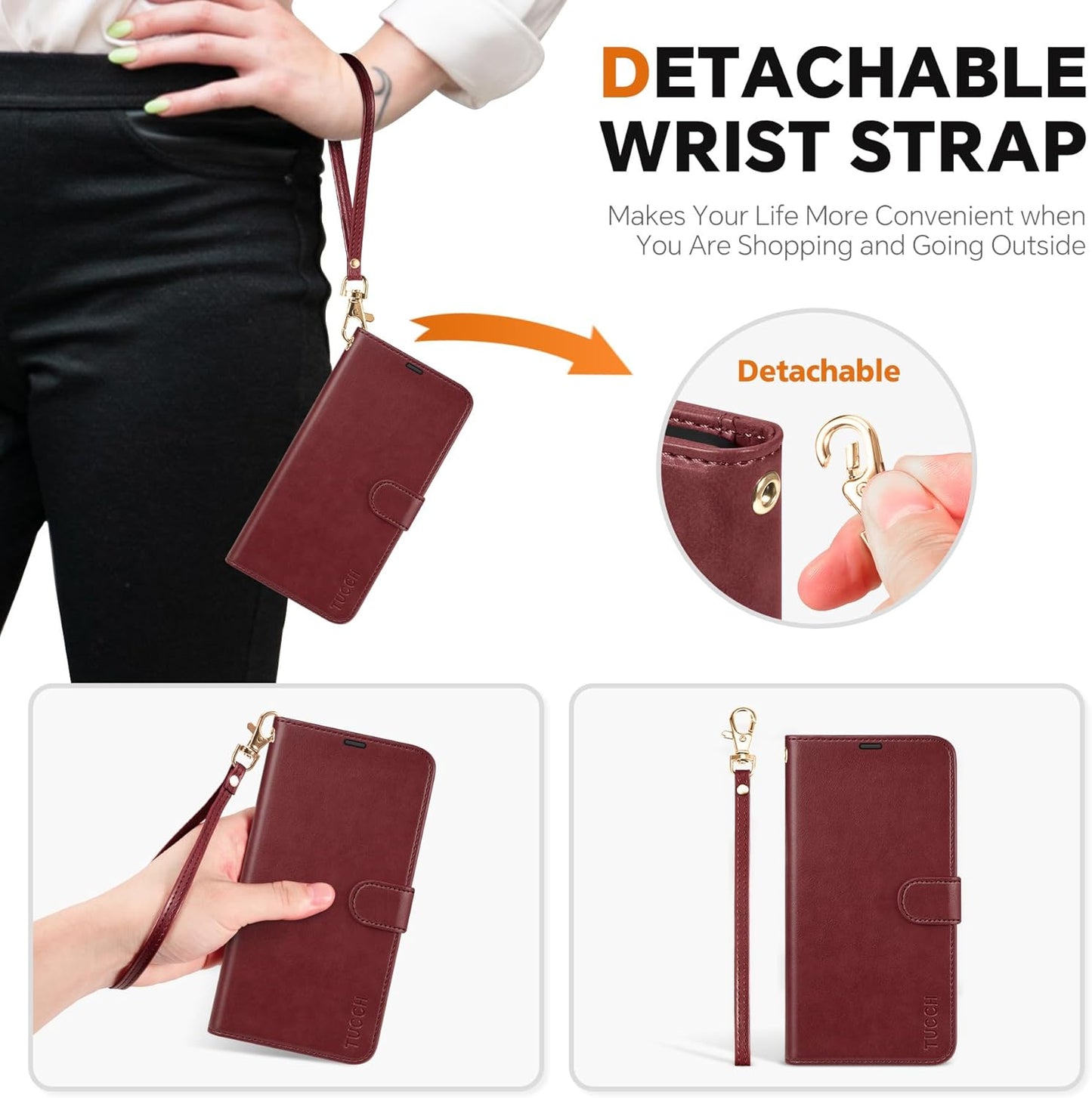 TUCCH Case Wallet for Galaxy S25 Ultra, Detachable Wrist Strap [Wireless Charging] RFID Blocking 4 Card Holder, Removable Stand PU Leather Flip Shockproof Phone Cover for Galaxy S25 Ultra, Dark Red