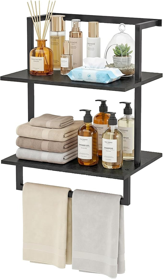 Wall Mounted Towel Rack for Bathroom, Bath Storage Holder 3-Tier Steel Wood Towel Shelf with Bar, Black