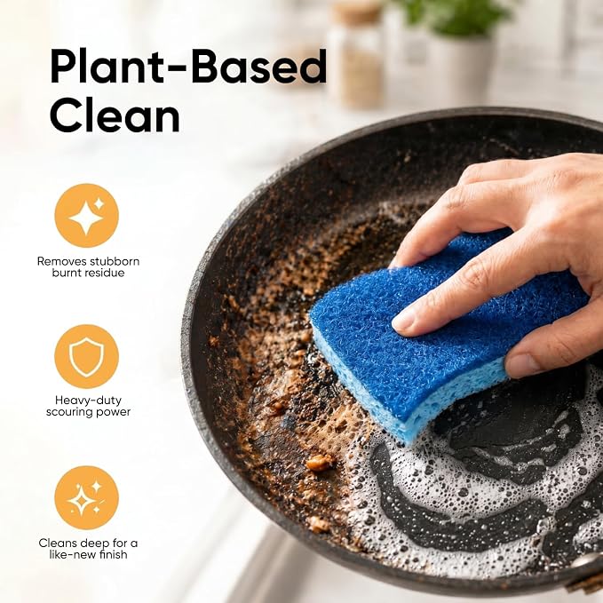 Superio Non-Scratch Cellulose Sponge Scrub (12-Pack) Heavy Duty Kitchen Sponges Scrubbers with Scouring Pad (Blue)
