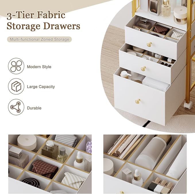 Makeup Organizer Cart with 3 Drawers, Jewelry Organizers and Storage for Earring Necklace, Large Vanity Storage Organizer for Skin Care Perfume Make up Brush Nail Polish Hair Tool (Gold)