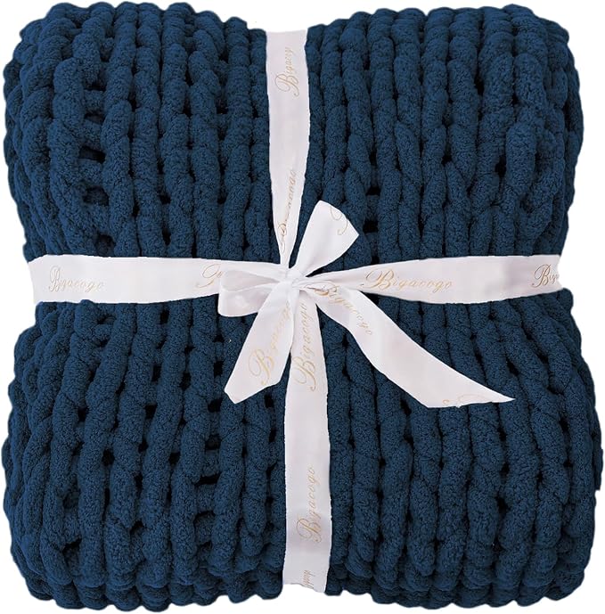 Bigacogo Chunky Knit Throw Blanket for Couch, 40x60 inches, 100% Hand Knitted with Thick Jumbo Chenille Yarn, Cozy Soft Large Rope Knot Cable Crochet Blankets for Sofa Bed Living Room, Navy Blue