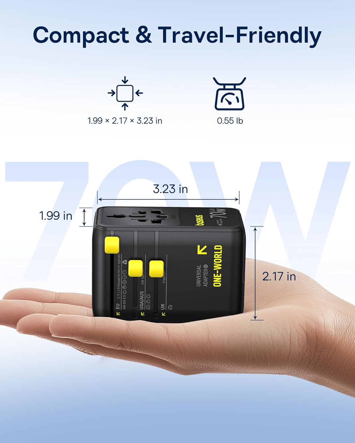 Baseus 70W Universal Travel Adapter with Retractable Cable, 6-in-1 International Plug Adapter, USB-C PD Fast Charging Worldwide Wall Charger for USA/EU/UK/AUS and Over 200 Countries - Enercore CG11